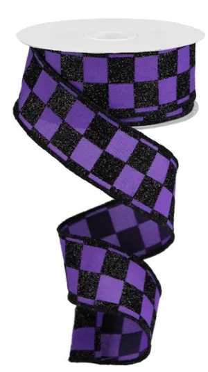 1.5"x10yd Glitter Check, Purple/Black Glitter  JY17