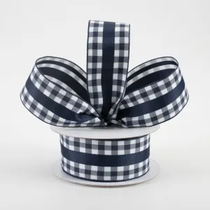 1.5"x10yd Mini Gingham w/Center Stripe Ribbon, Navy Blue/White  JY28