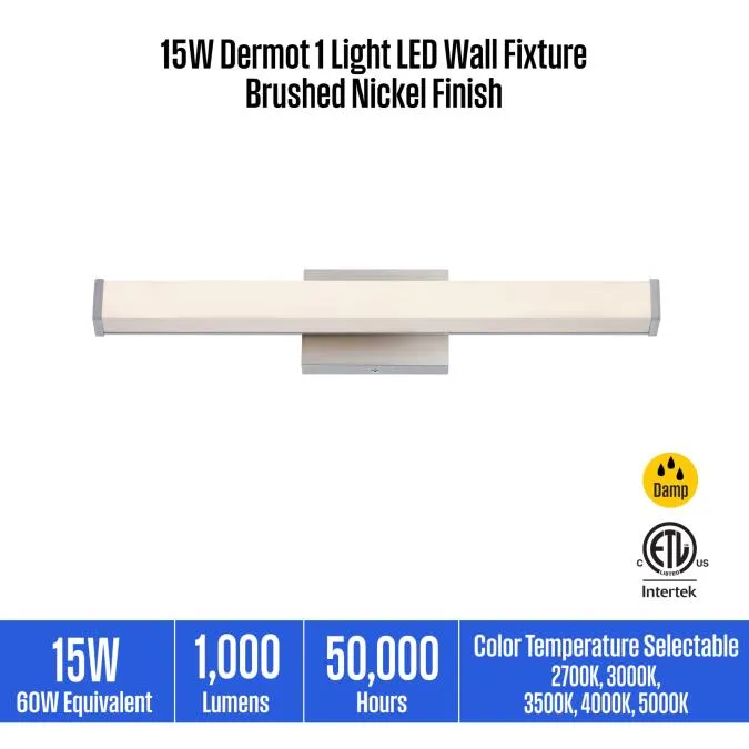 15W Dermot 1 Light LED Wall Fixture, Brushed Nickel Finish