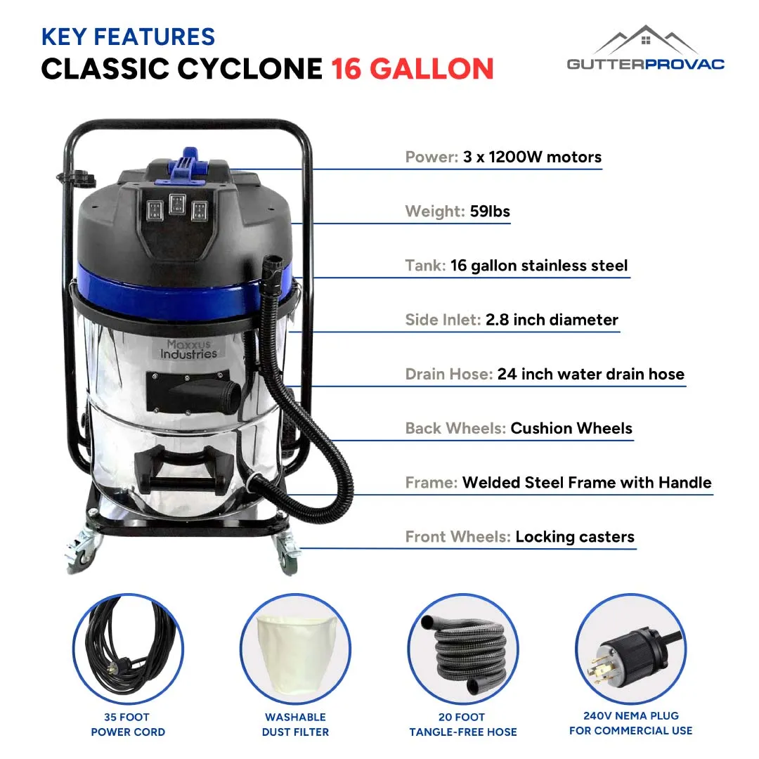 16 Gallon Classic Cyclone Gutter Vacuum, 20 Foot Aluminum Gutter Poles, Carry Bag and 25 Foot Vacuum Hose