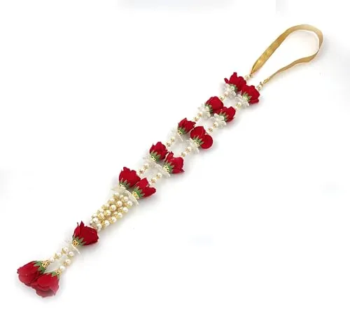 (16 Inch) Artificial Velvet Rose Flower Garland for Photo Frame | Pearl Moti Mala for God Idol Photos and Loved Ones