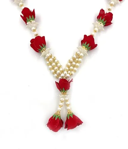 (16 Inch) Artificial Velvet Rose Flower Garland for Photo Frame | Pearl Moti Mala for God Idol Photos and Loved Ones