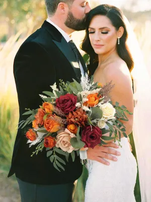 16 inch wide Burgundy & Burnt Orange Bridal Bouquet