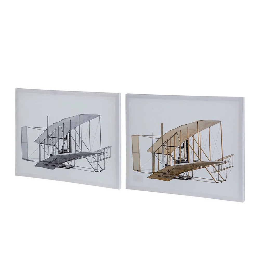 16 x 20 Wall Art Set of 2, Traditional Vintage Plane Design, White, Gray By Casagear Home