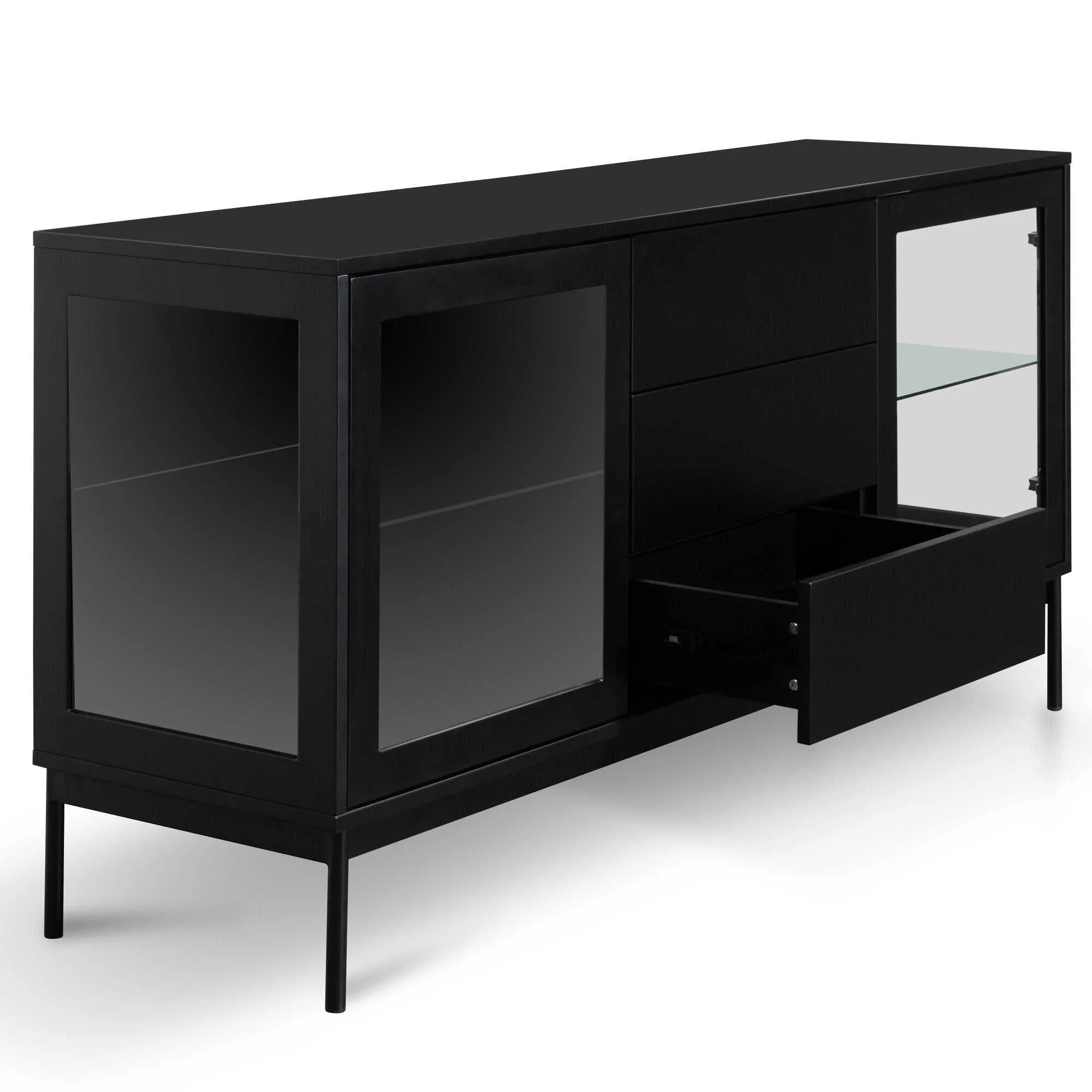 160cm Sideboard Unit - Black with Glass Door and Self