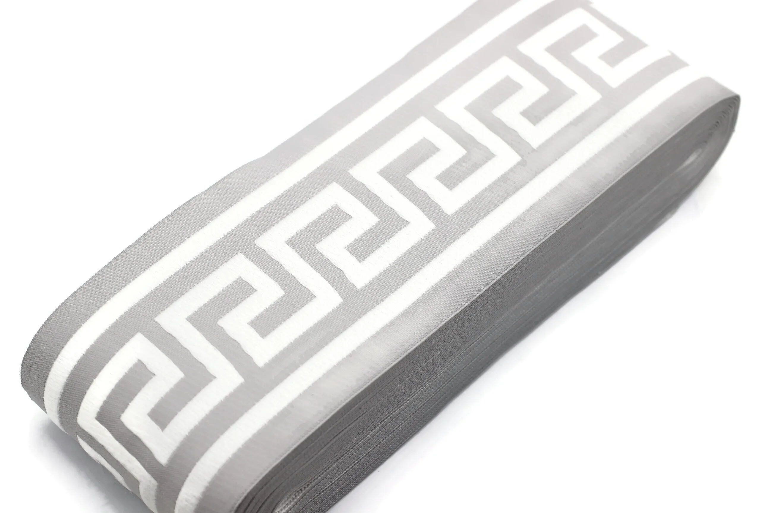 16.4 Yrd 100mm White & Grey Greek Key Ribbons (3.93 inc, Meander Jacquard Trim, Drapery Trim Tape, Curtain Making Upholstery Fabric 197 V1