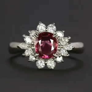 1.64ct RUBY DIAMOND COCKTAIL RING PLATINUM HALO OVAL NATURAL OVAL SHAPE CLUSTER