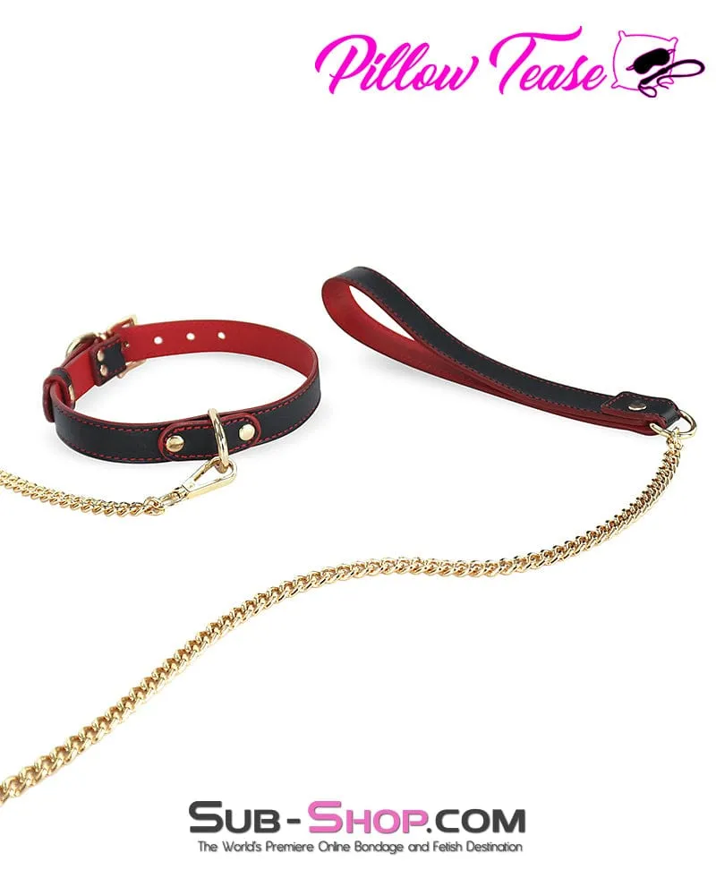 1662DL      Black and Red Slimline Collar with Gold Hardware and Leash