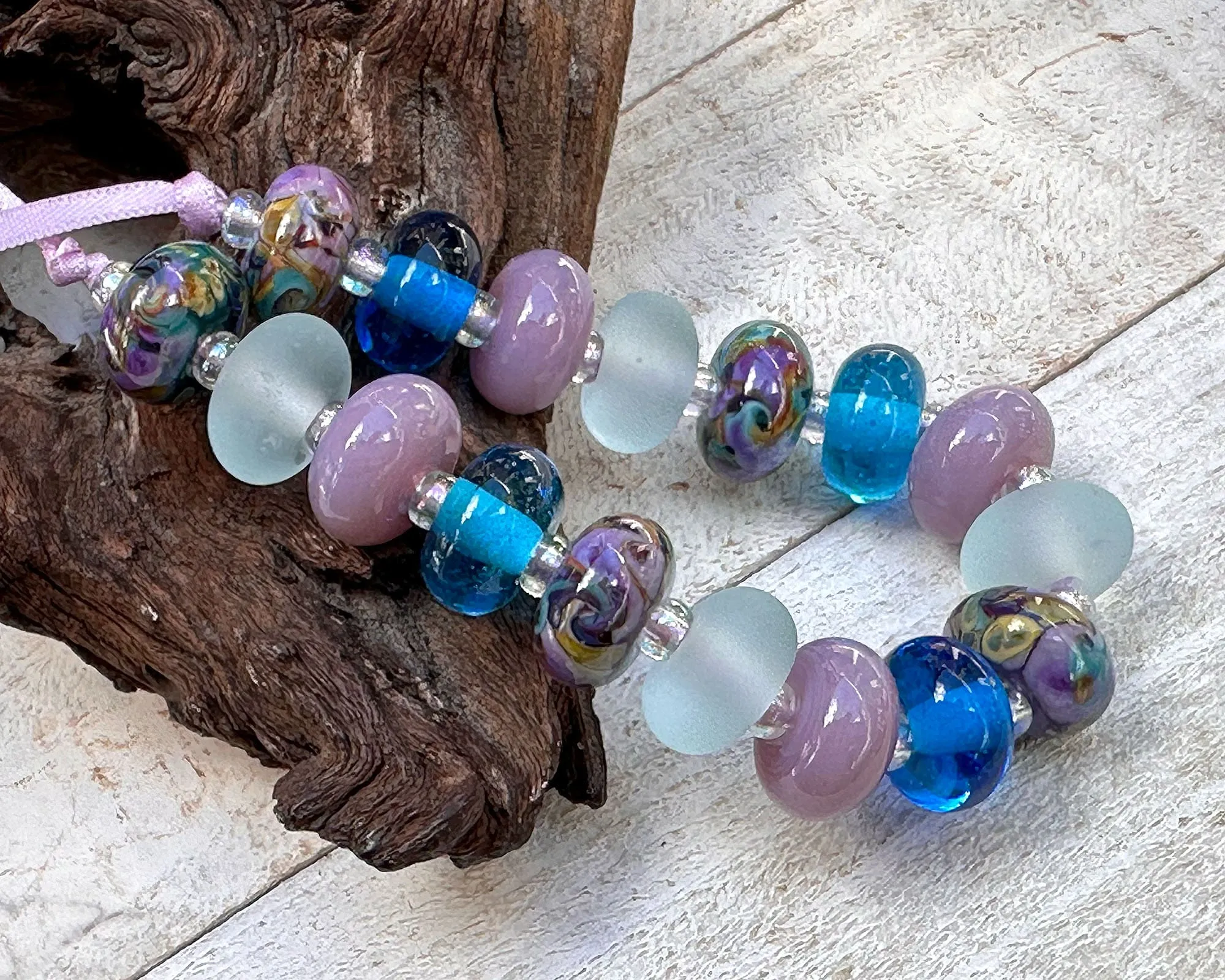 17 Aqua Purple Swirl Lampwork Beads Set SRA