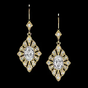 1.74c LAB CREATED DIAMOND EARRINGS VINTAGE STYLE DANGLE DROP ART DECO HALO GOLD