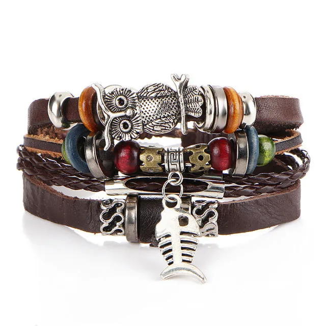 17KM Punk Design Turkish Eye Bracelets For Men New Fashion Wristband Female Owl Leather Bracelet Synthetic Stone Vintage Jewelry