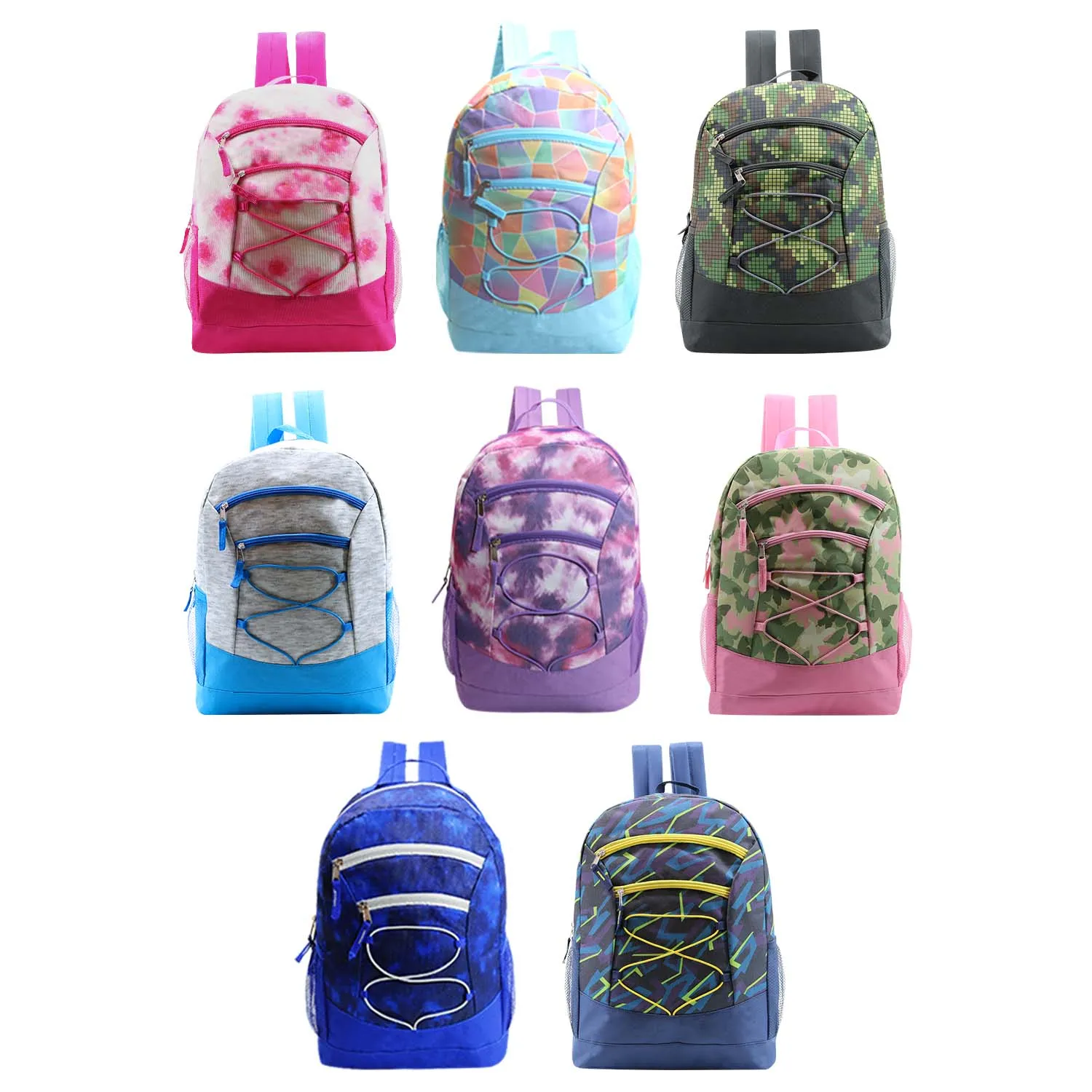 17" Bungee Wholesale Backpack In 8 Prints -  Bulk Case Of 24 Backpacks