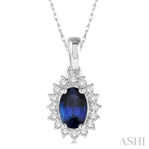 1/8 Ctw Round Cut Diamond and Oval Cut 6x4 MM Sapphire Center Sunflower Precious Pendant in 10K White Gold with chain