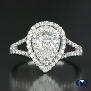 1.82 Carat Pear Cut Diamond Double Halo Engagement Ring In 18K White Gold