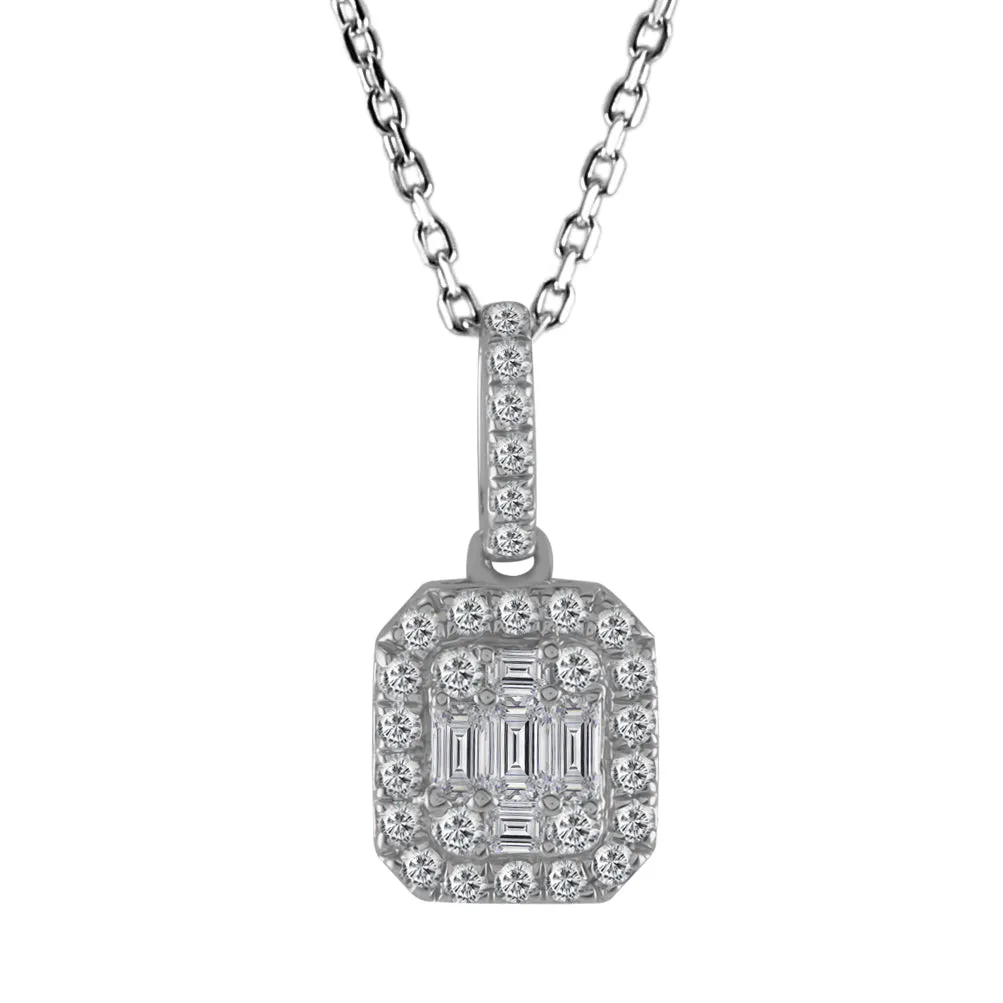 18ct White Gold 0.33ct Baguette Cut Diamond Rectangle Halo Necklace