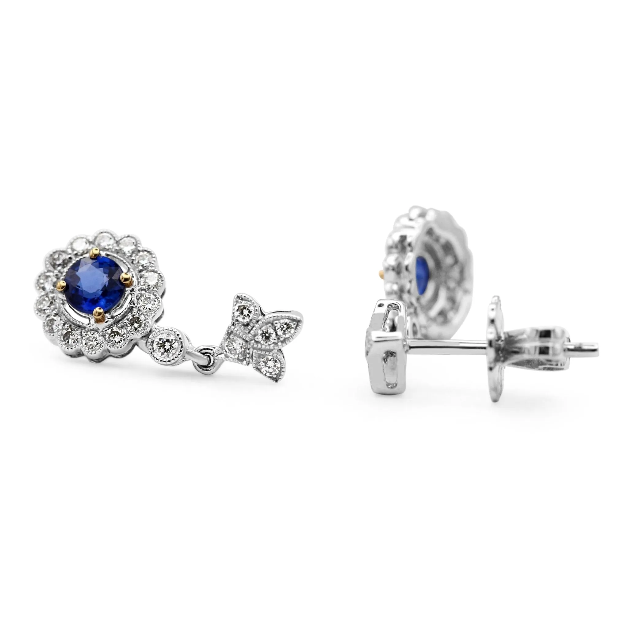 18ct White Gold Diamond & Sapphire Cluster Drop Earrings