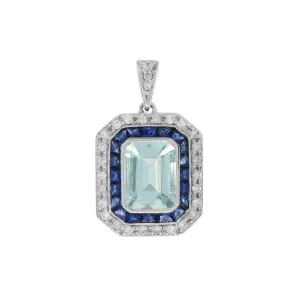 18ct White Gold Diamond, Sapphire & Aquamarine Pendant Necklace 17"