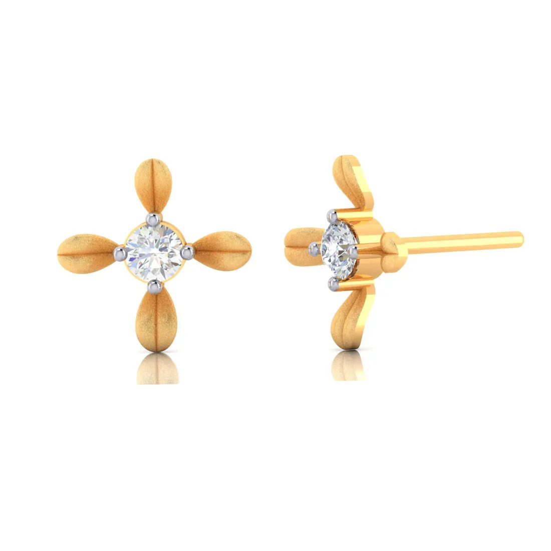 18k 4 Petal Floral Designed Gold Earrings With Diamond