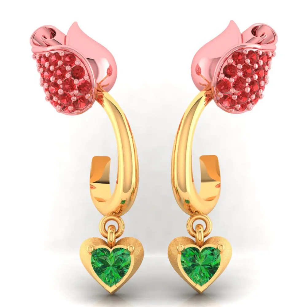 18k Gold Earrings With Stone-studded Yellow Flower Design And A Heart Drop