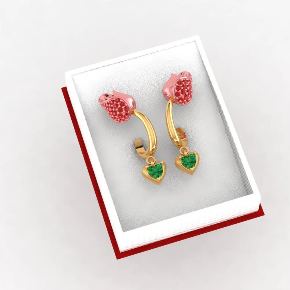 18k Gold Earrings With Stone-studded Yellow Flower Design And A Heart Drop