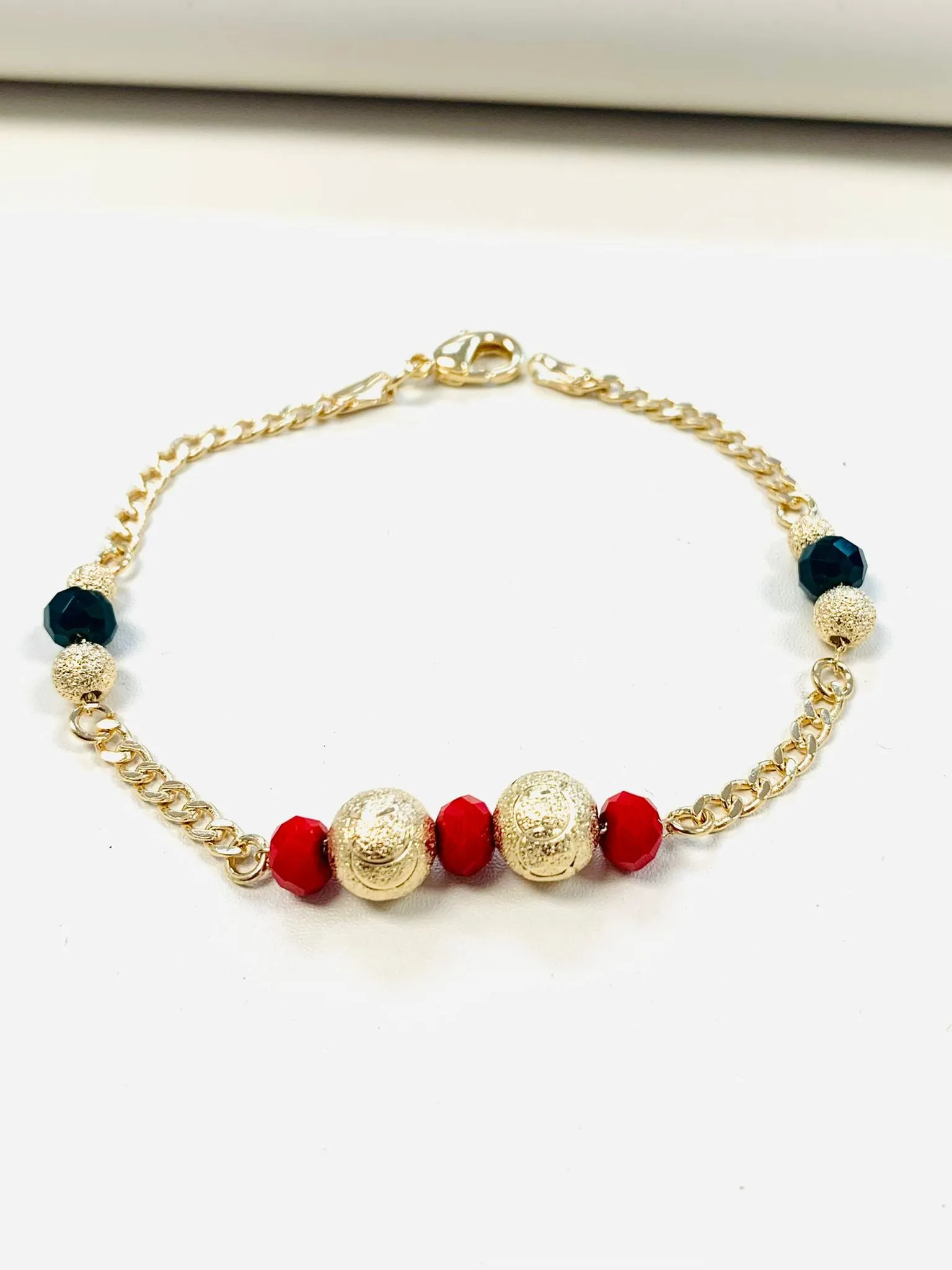 18K Gold Filled Red Green Gold Beads Bracelet / Women’s Bracelet 7.5” / Cuban Link Bracelet / Bracelets / Black Beads / Red Beads / Pulsera para Mujer / Pulsera en Oro Laminado / Womens Jewelry