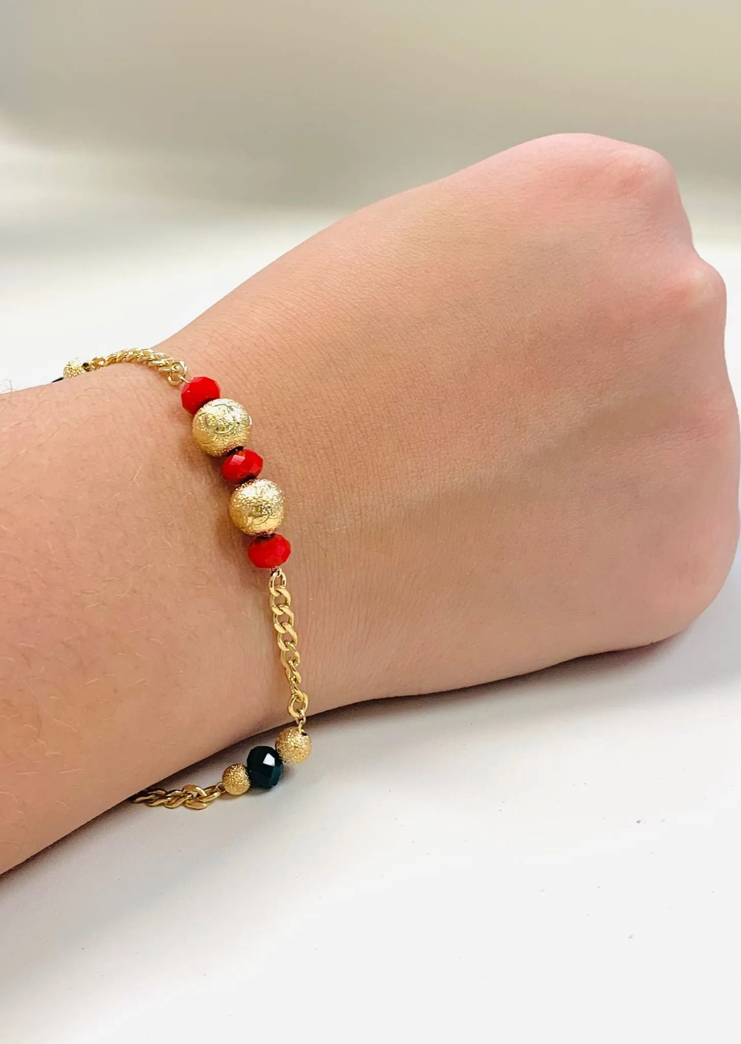 18K Gold Filled Red Green Gold Beads Bracelet / Women’s Bracelet 7.5” / Cuban Link Bracelet / Bracelets / Black Beads / Red Beads / Pulsera para Mujer / Pulsera en Oro Laminado / Womens Jewelry