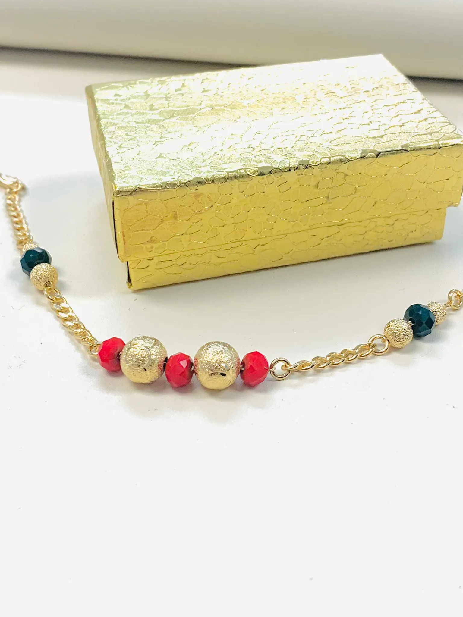 18K Gold Filled Red Green Gold Beads Bracelet / Women’s Bracelet 7.5” / Cuban Link Bracelet / Bracelets / Black Beads / Red Beads / Pulsera para Mujer / Pulsera en Oro Laminado / Womens Jewelry