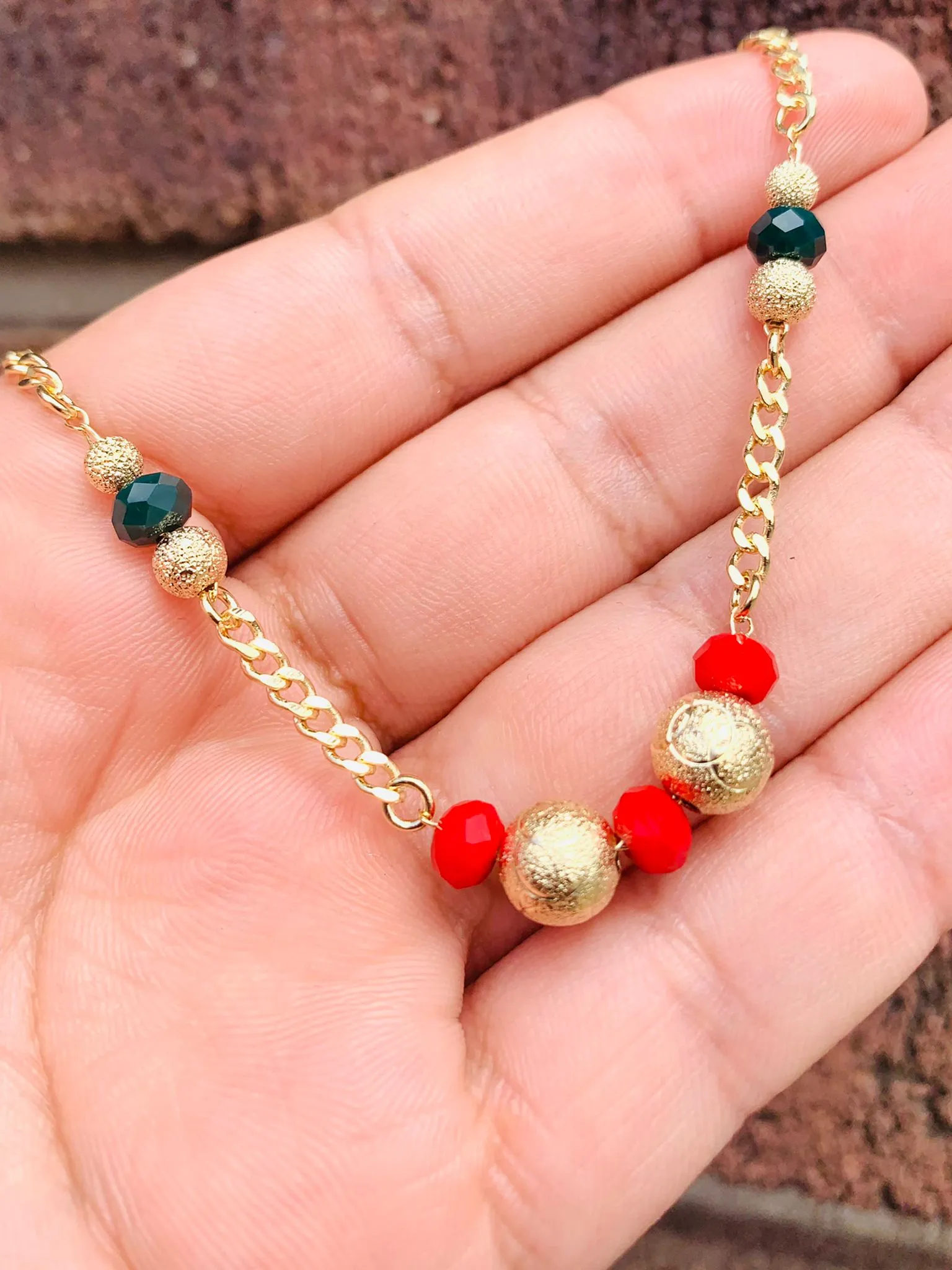 18K Gold Filled Red Green Gold Beads Bracelet / Women’s Bracelet 7.5” / Cuban Link Bracelet / Bracelets / Black Beads / Red Beads / Pulsera para Mujer / Pulsera en Oro Laminado / Womens Jewelry