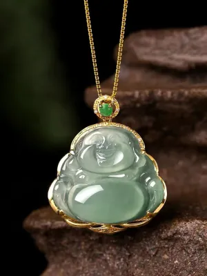 18K Gold Inlay Natural Ice Jadeite Jade Laughing Buddha「Happiness」Pendant Necklace for Men and Women