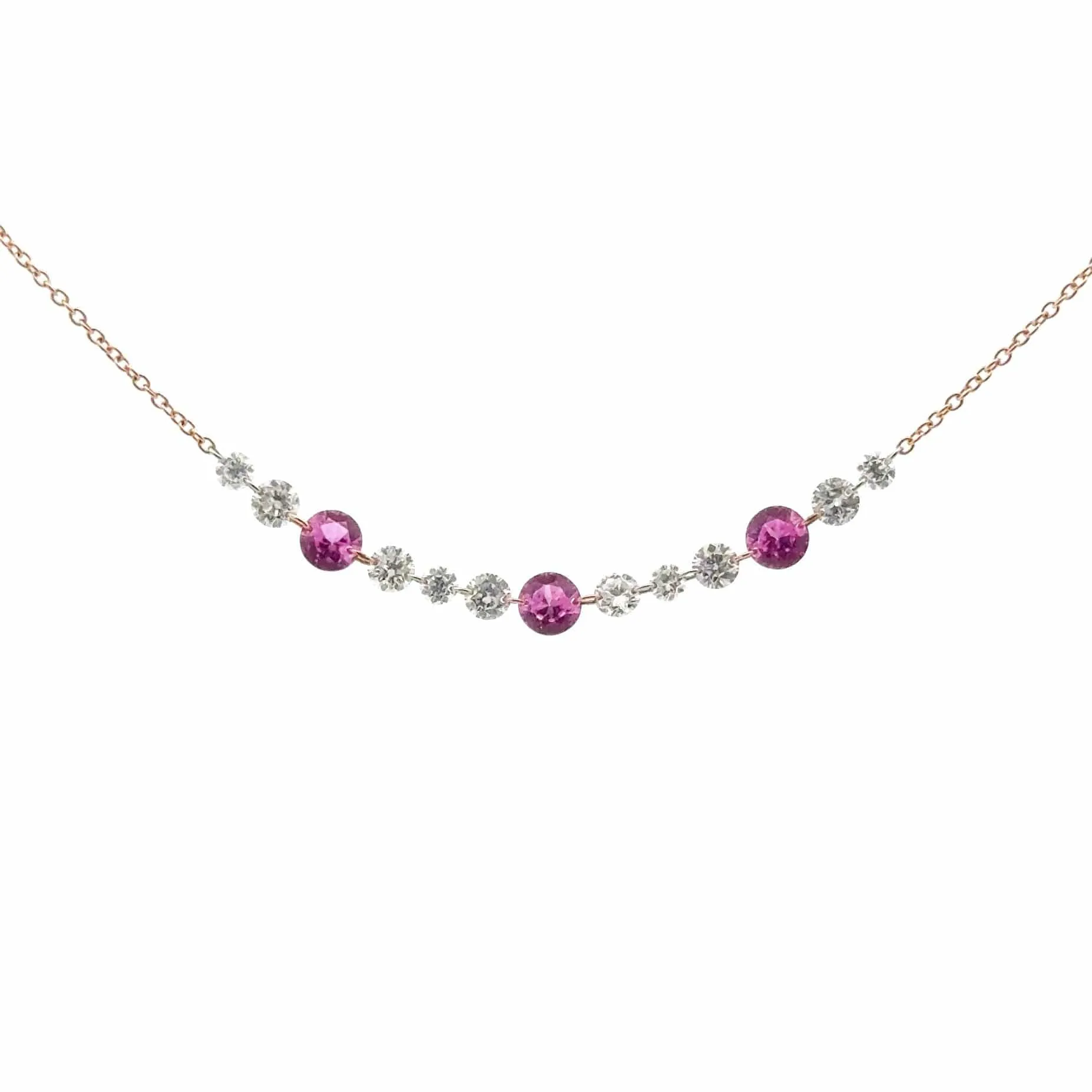 18K Gold Invisible Set Drilled Pink Sapphire and Diamond Strand Chain Necklace