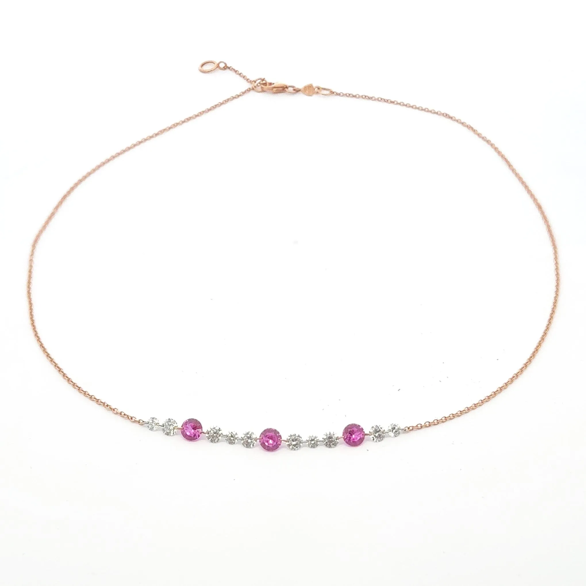 18K Gold Invisible Set Drilled Pink Sapphire and Diamond Strand Chain Necklace