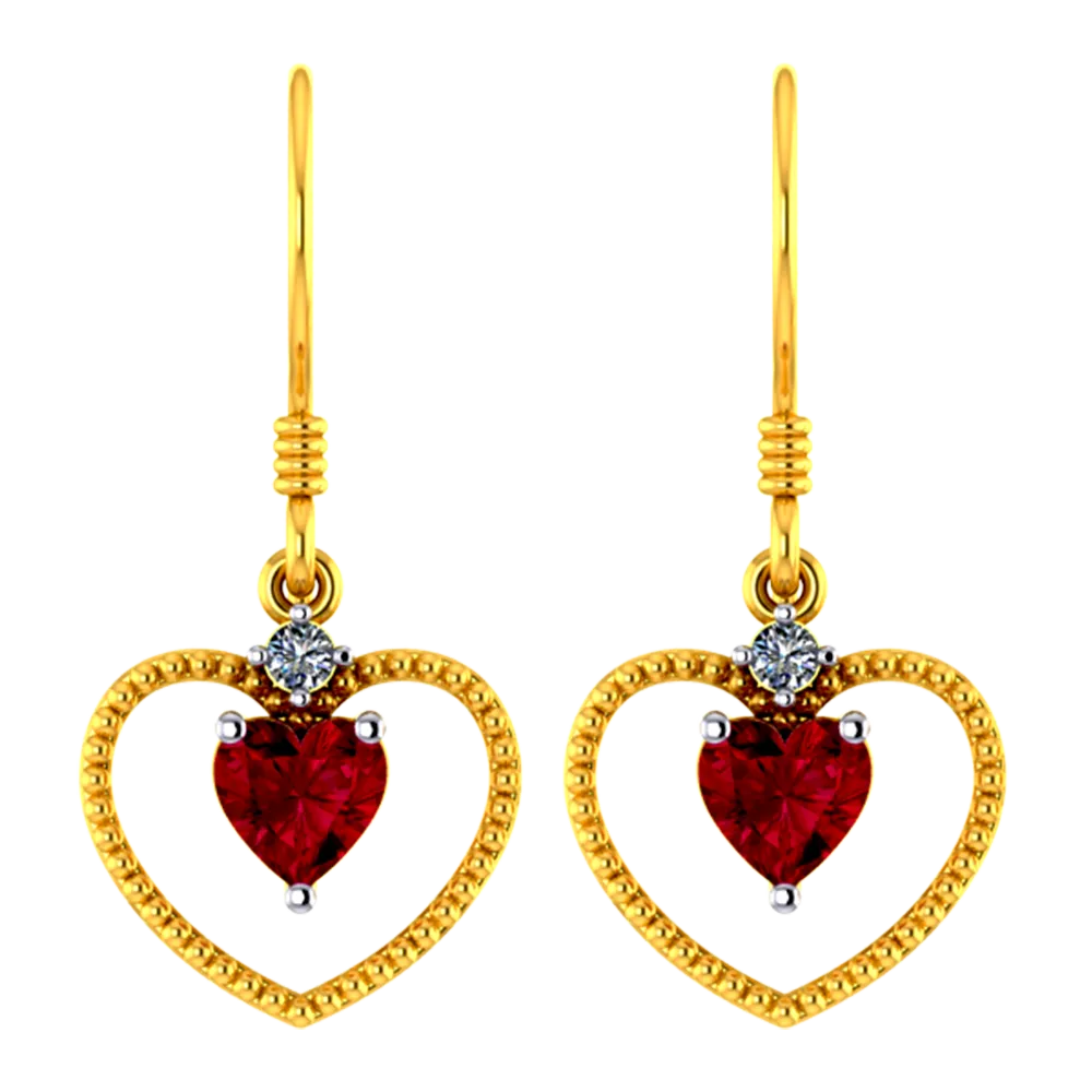 18k Heart Shaped Diamond Earrings With A Red Stone