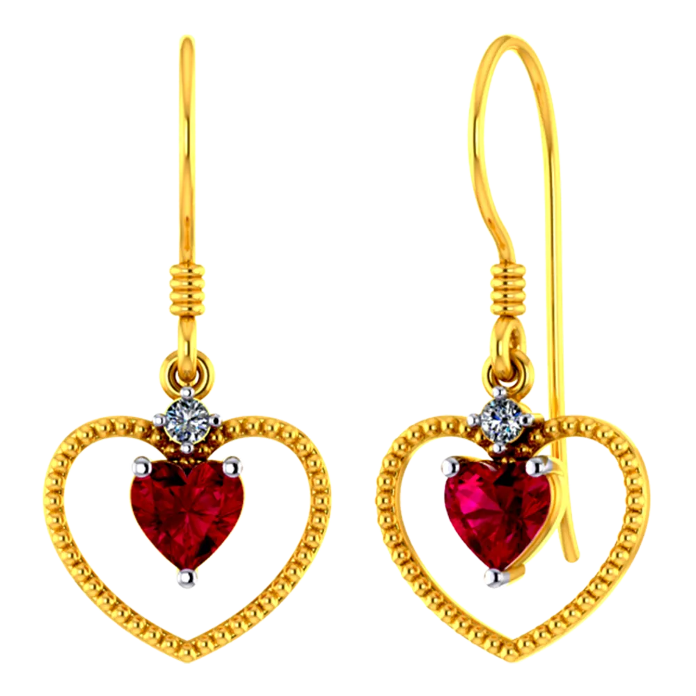 18k Heart Shaped Diamond Earrings With A Red Stone