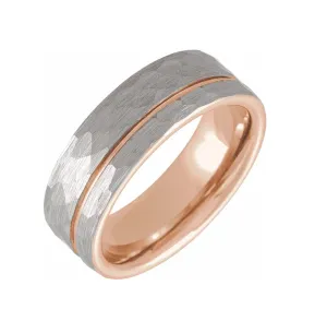 18K Rose Gold PVD 8mm Hammered Textured Grooved Tungsten Band