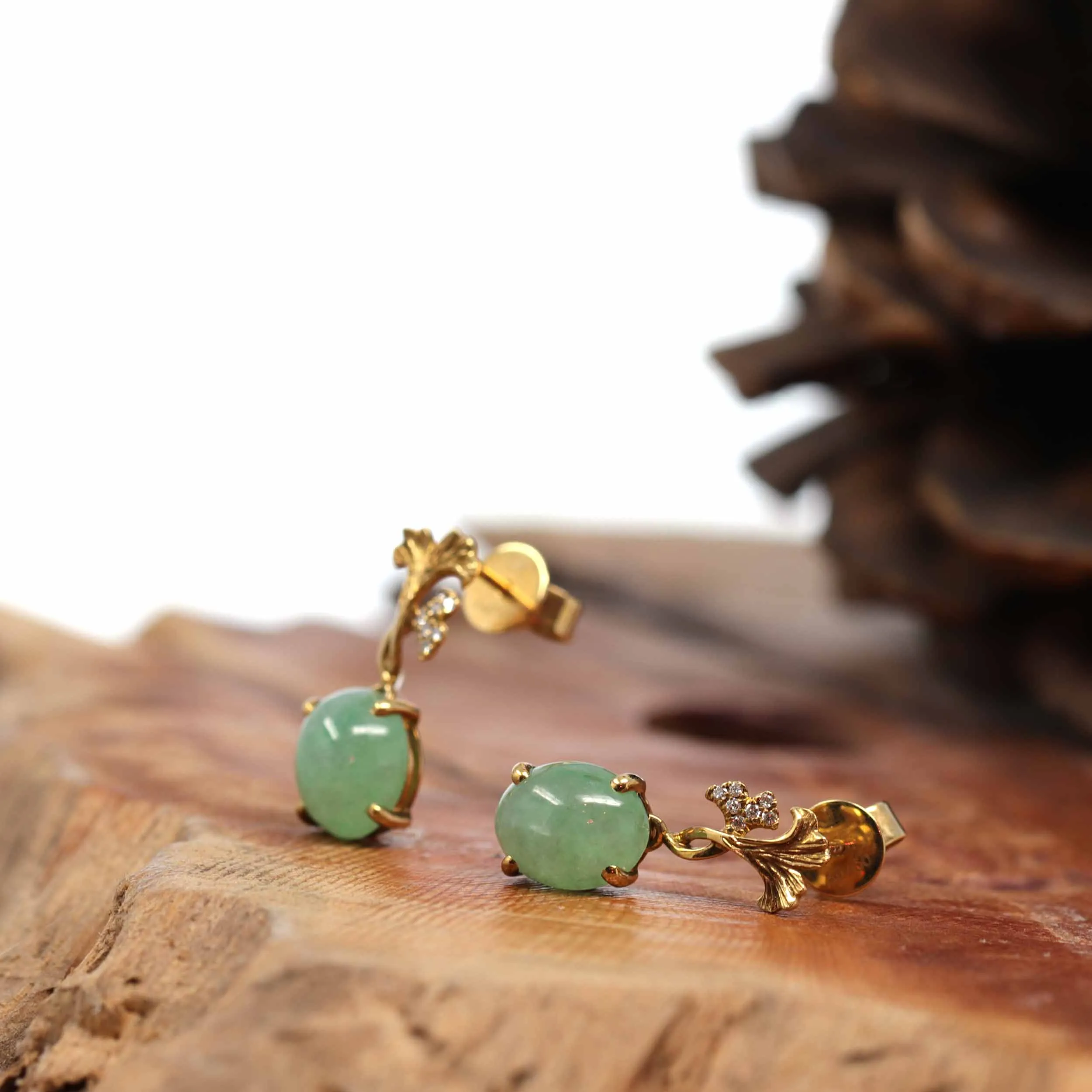 18K Rose Gold ""Ginkgo Leaf"" Green Jadeite Jade Dangle Stud Earrings