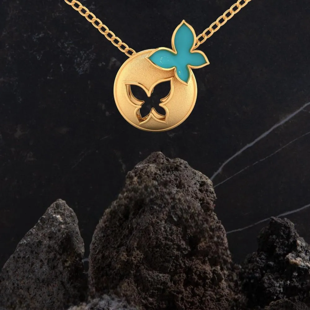 18k Spherical Gold Pendant Adorned With A Butterfly On Top And A Hollowed-out Butterfly In The Center