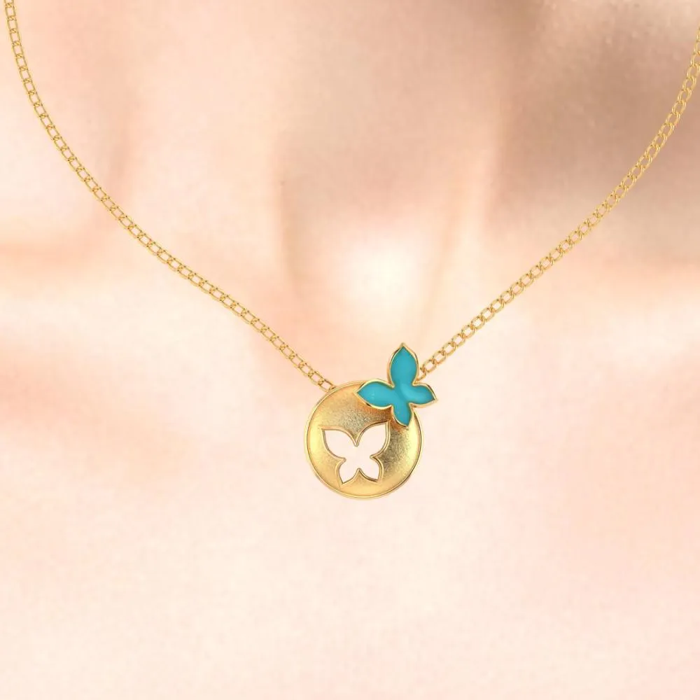 18k Spherical Gold Pendant Adorned With A Butterfly On Top And A Hollowed-out Butterfly In The Center