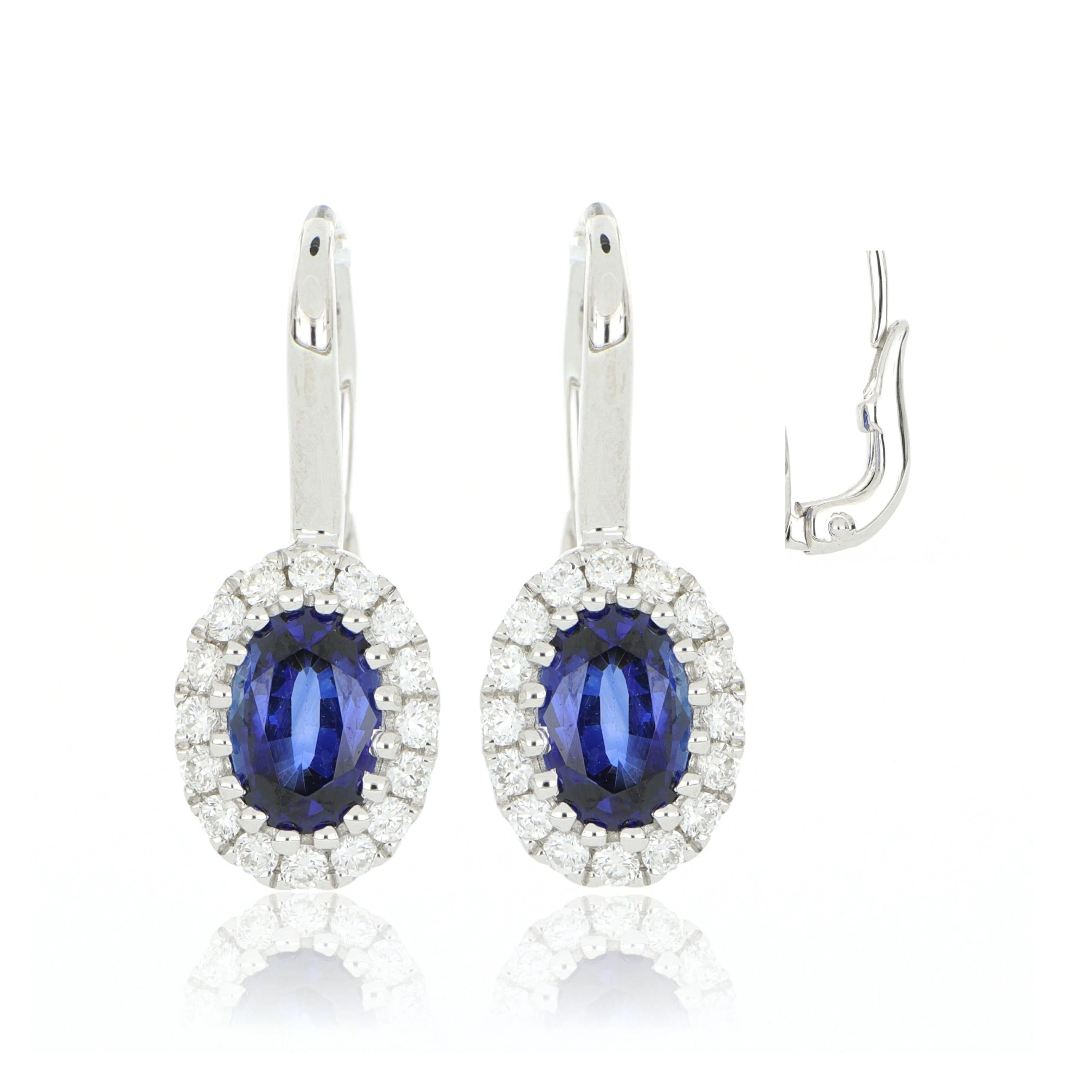 18k White Gold Blue Sapphire and Diamond Halo Drop Earrings