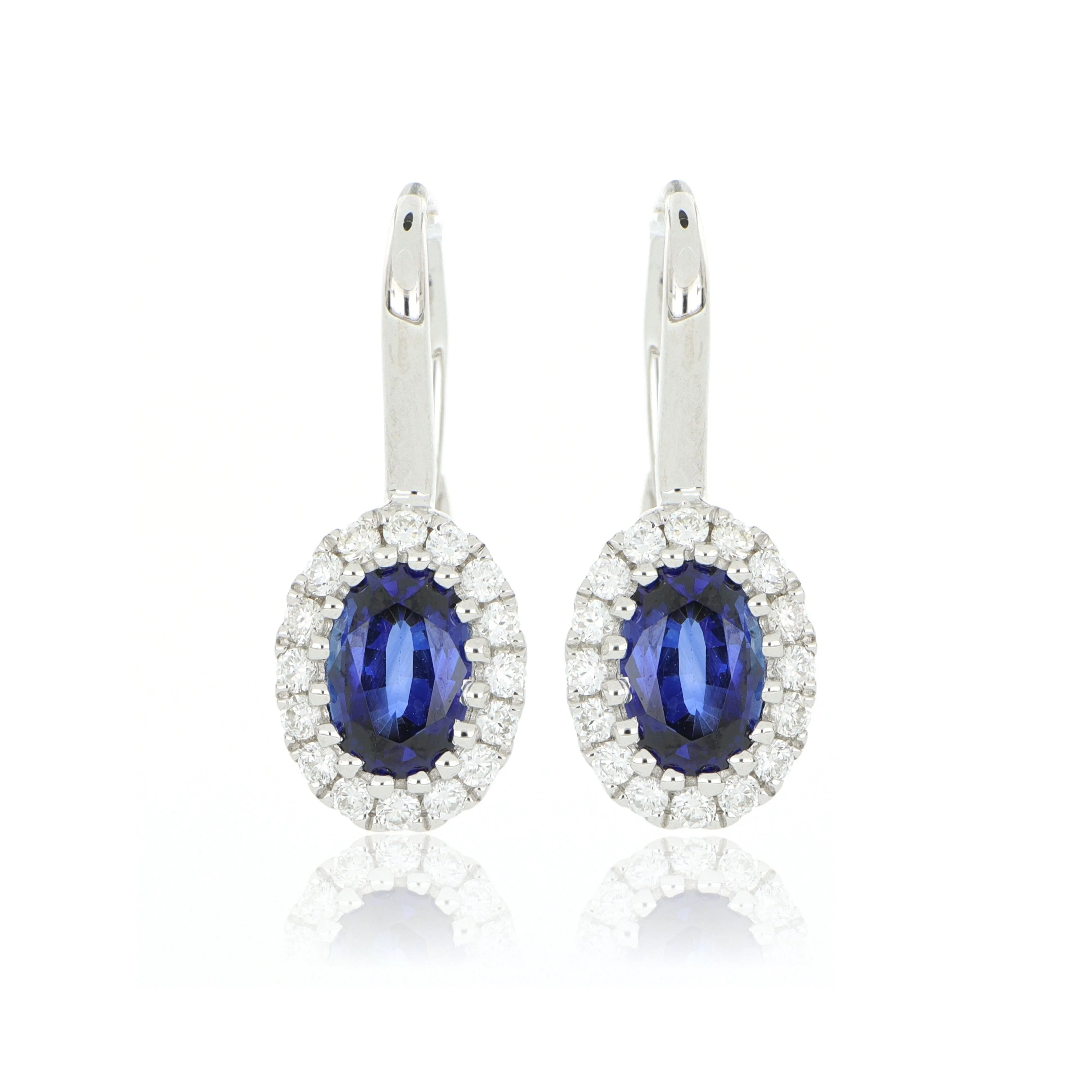 18k White Gold Blue Sapphire and Diamond Halo Drop Earrings