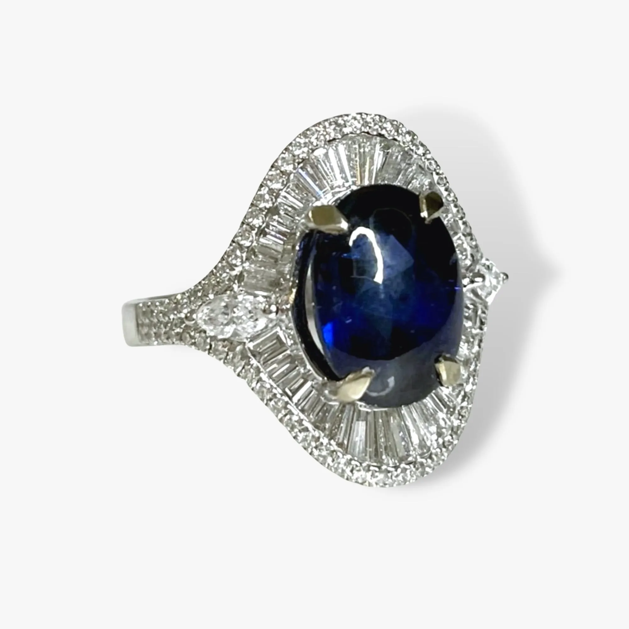 18k White Gold Cabochon Cut Blue Sapphire and Diamond Dome Cocktail Ring