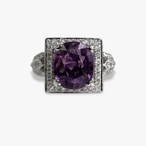 18k White Gold Cushion Cut Purple Sapphire and Diamond Ring