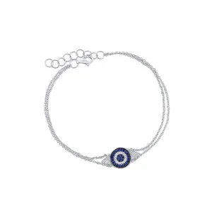 18K White Gold Diamond Blue Sapphire Double Chain Evil Eye Bracelet