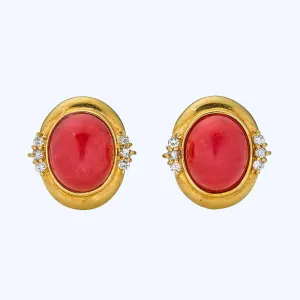 18K Yellow Gold, Coral and Diamond Earrings