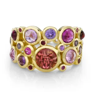 18k Yellow Gold Three Row Pinks Cascade Ring