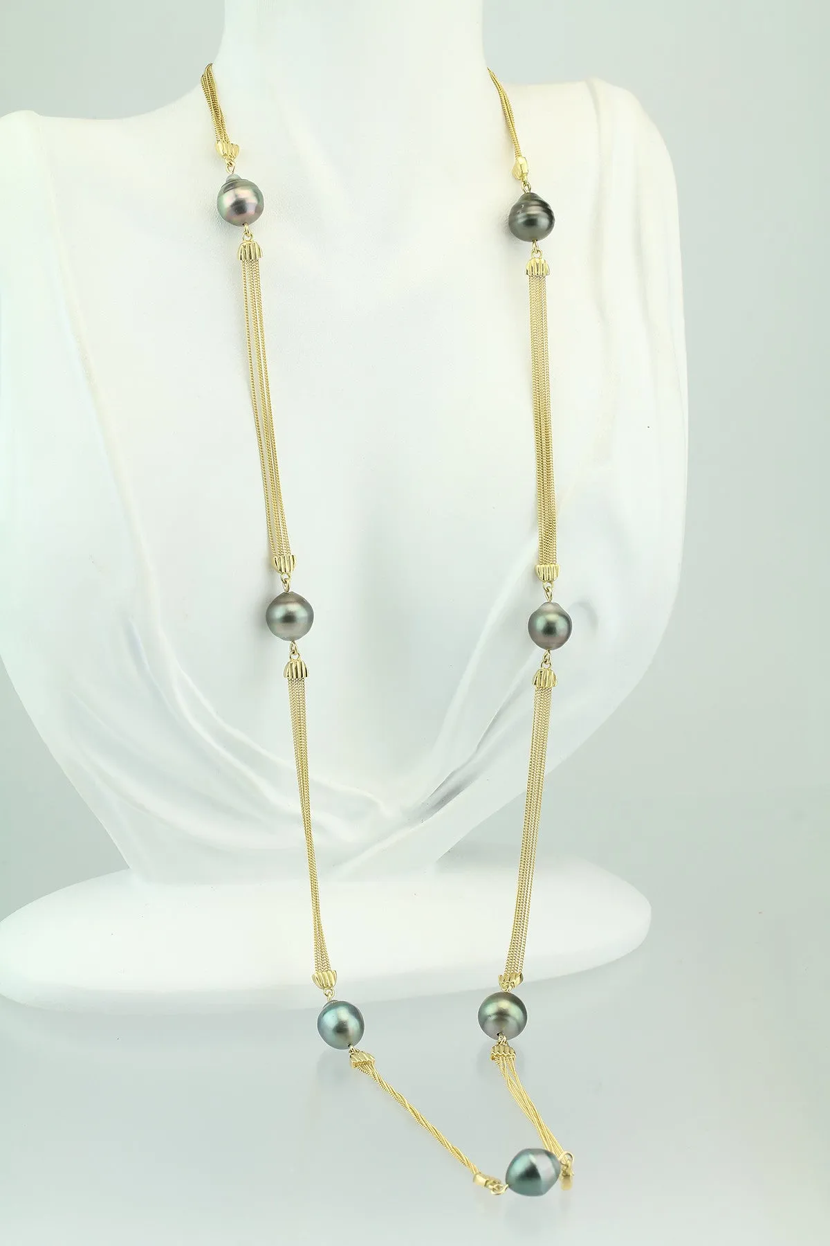 18KT Yellow Gold Cook Island Pearl 7 Station Necklace 28.5"