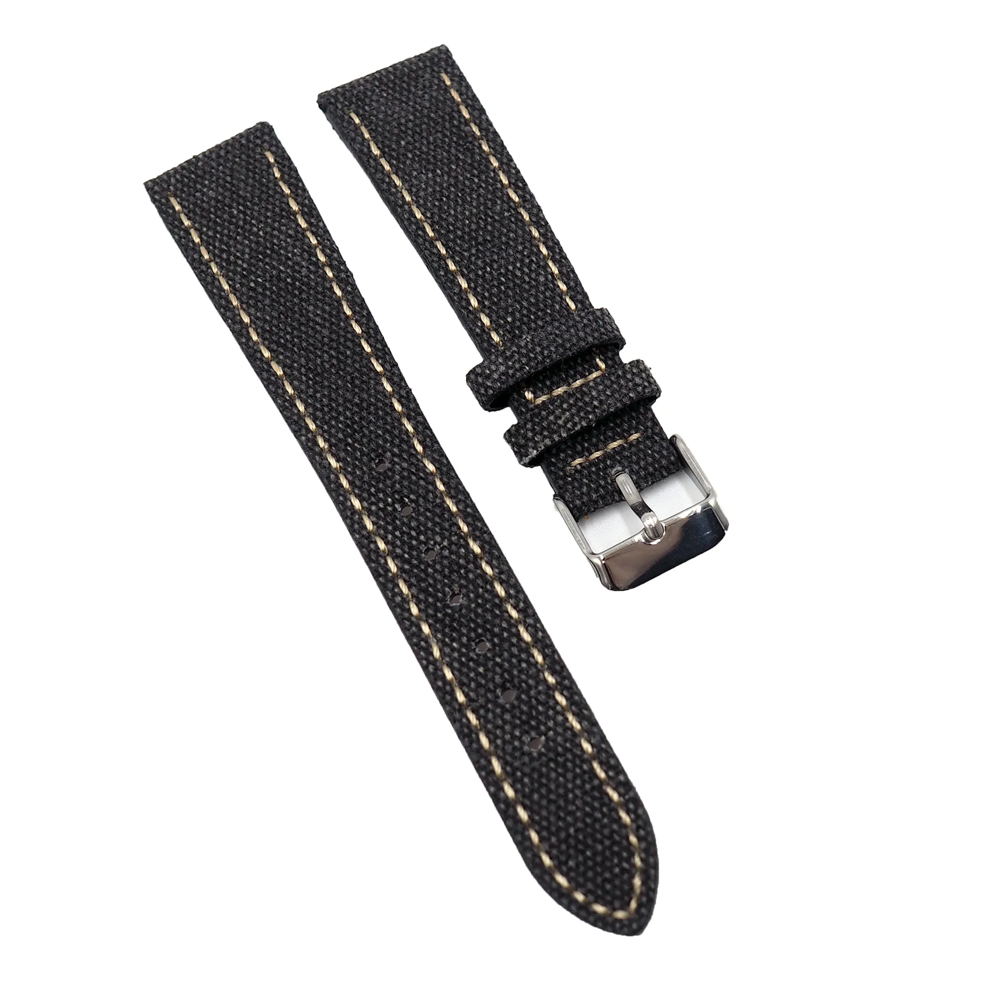 18mm, 19mm, 20mm Black Canvas Watch Strap, Cream Stitching