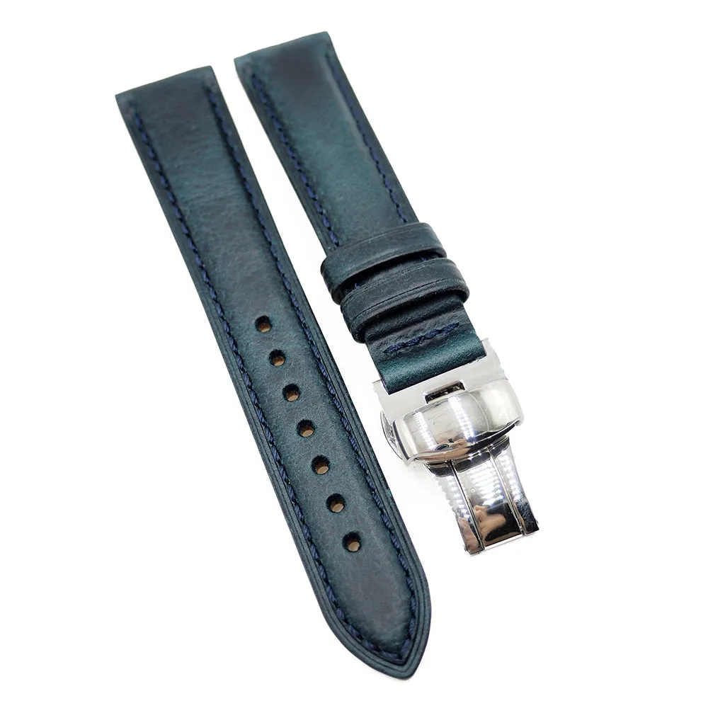 18mm, 20mm Prussian Blue Waxed Calf Leather Watch Strap