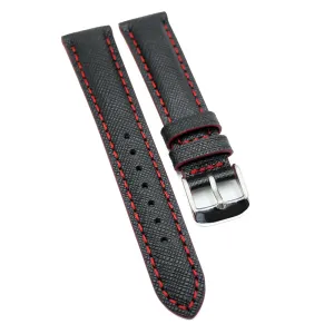 18mm Black Cross Pattern Calf Leather Watch Strap, Red Stitching