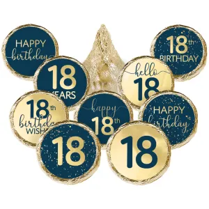 18th Birthday: Navy Blue & Gold - Adult Birthday - Party Favor Stickers Fits Hershey's Kisses Candy - 180 Count