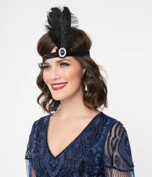 1920s Sapphire Stone & Black Feather Flapper Headband